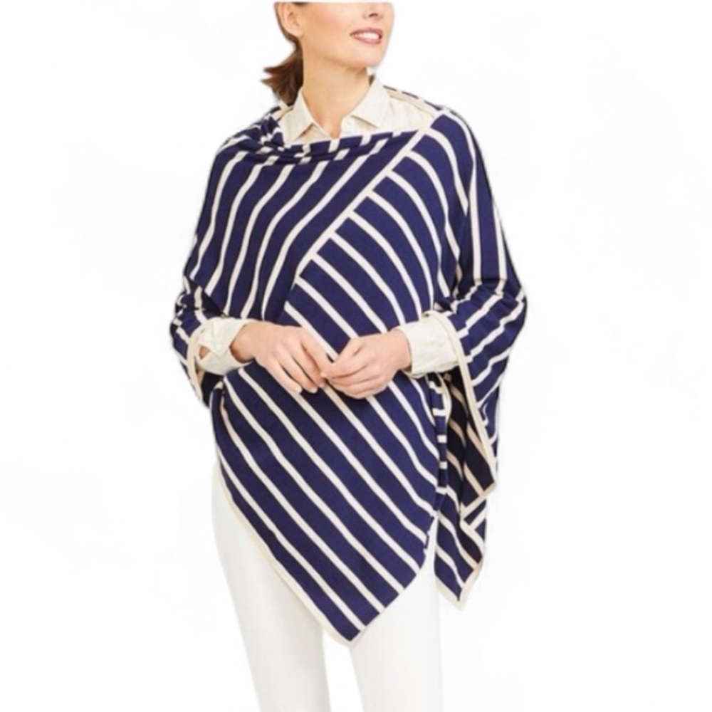 J. McLaughlin Betsy Womens OS Sand Navy Stripe Cashmere Blend Poncho Preppy NWT